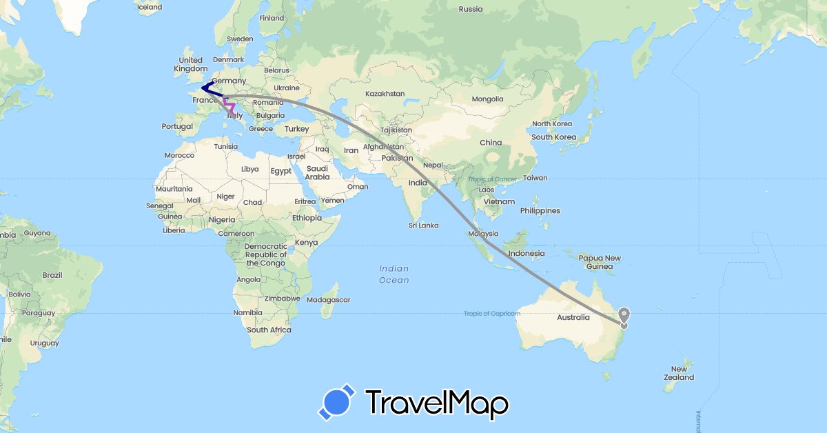 TravelMap itinerary: driving, plane, train in Australia, Belgium, Switzerland, France, Italy, Liechtenstein, Singapore (Asia, Europe, Oceania)